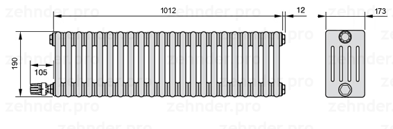 Схема (чертеж) Радиатор Zehnder Charleston 5019/22 №V003 Белый глянцевый RAL 9016